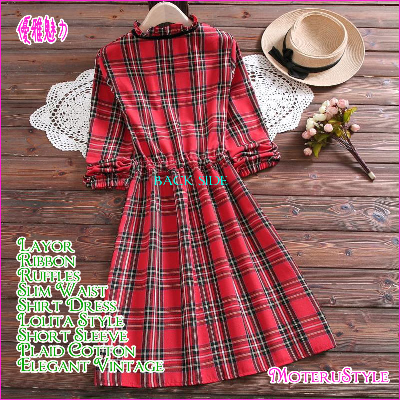 Mori Girl Spring Autumn Shirt Dress Plaid Cotton Lolita Style Midi Dress Elegant Vintage Ruffles Bow Sweet Cute Women Dresses