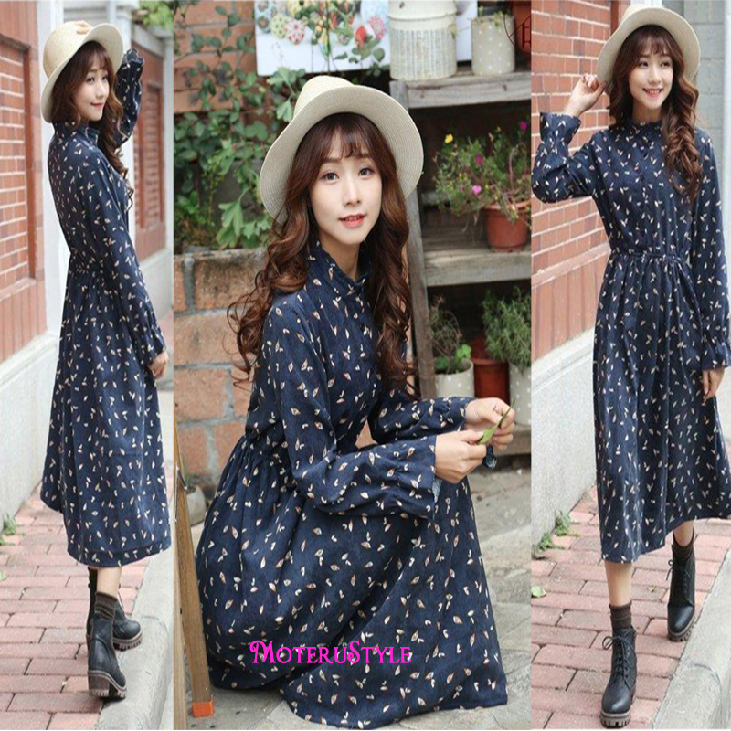 ★MoteruStyle!ロリータスタイルも!冬春の花柄プリントロングスリーブ痩腰効果Aラインワンピース・ドレス!キュート&スウィート!