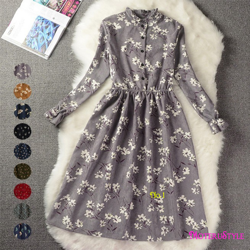 ★MoteruStyle!ロリータスタイルも!冬春の花柄プリントロングスリーブ痩腰効果Aラインワンピース・ドレス!キュート&スウィート!