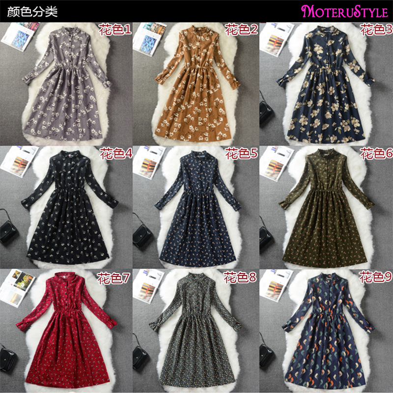 ★MoteruStyle!ロリータスタイルも!冬春の花柄プリントロングスリーブ痩腰効果Aラインワンピース・ドレス!キュート&スウィート!