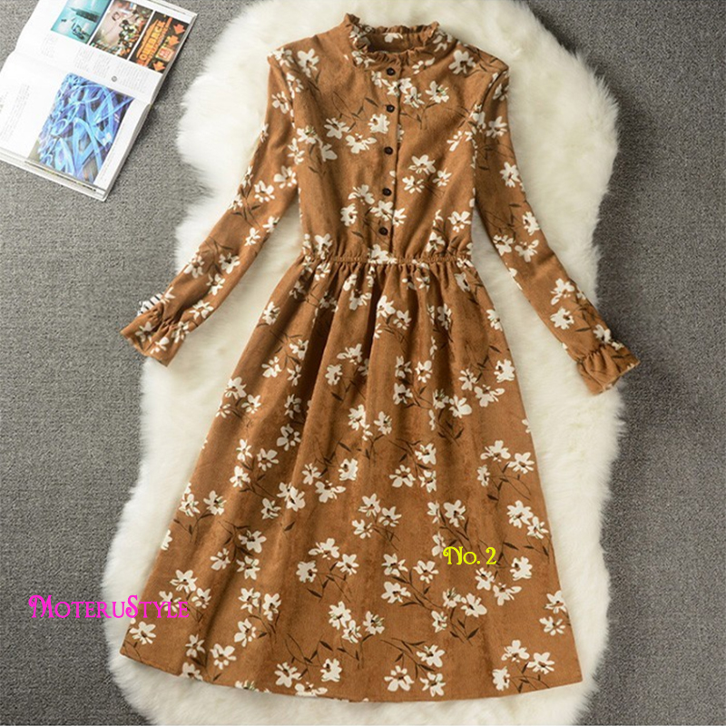 ★MoteruStyle!ロリータスタイルも!冬春の花柄プリントロングスリーブ痩腰効果Aラインワンピース・ドレス!キュート&スウィート!