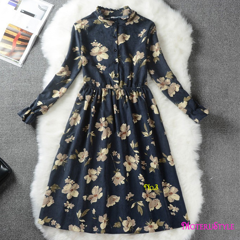 ★MoteruStyle!ロリータスタイルも!冬春の花柄プリントロングスリーブ痩腰効果Aラインワンピース・ドレス!キュート&スウィート!