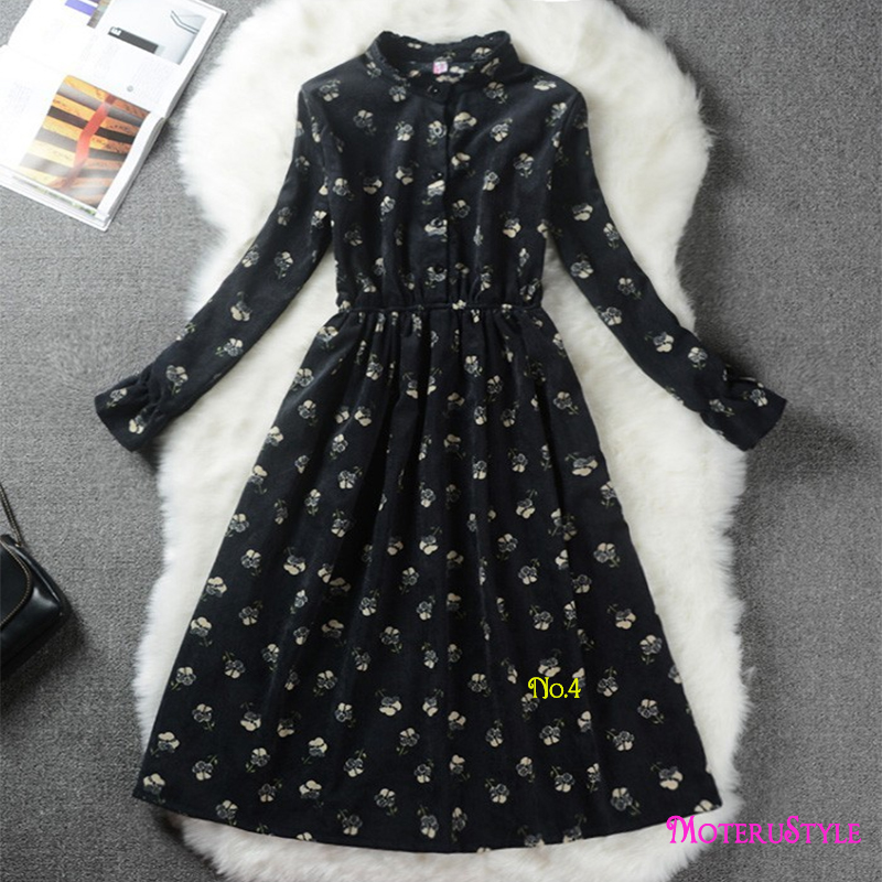 ★MoteruStyle!ロリータスタイルも!冬春の花柄プリントロングスリーブ痩腰効果Aラインワンピース・ドレス!キュート&スウィート!