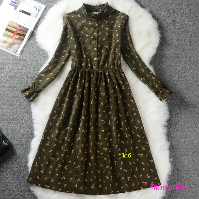 ★MoteruStyle!ロリータスタイルも!冬春の花柄プリントロングスリーブ痩腰効果Aラインワンピース・ドレス!キュート&スウィート!