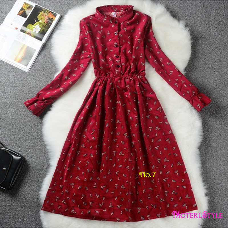 ★MoteruStyle!ロリータスタイルも!冬春の花柄プリントロングスリーブ痩腰効果Aラインワンピース・ドレス!キュート&スウィート!