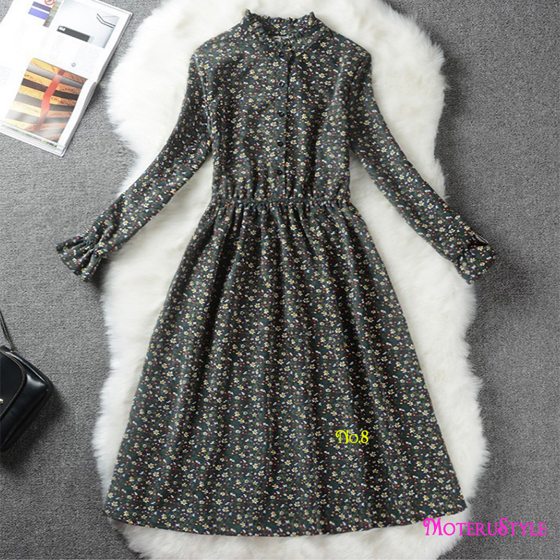 ★MoteruStyle!ロリータスタイルも!冬春の花柄プリントロングスリーブ痩腰効果Aラインワンピース・ドレス!キュート&スウィート!