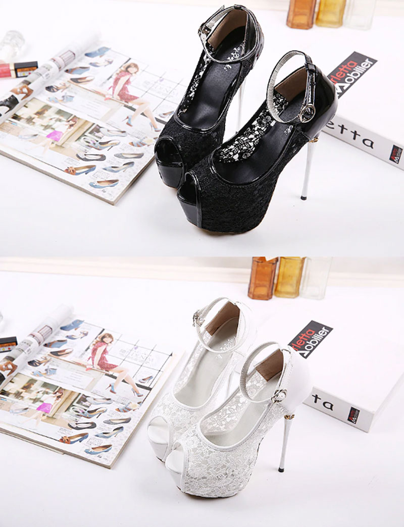 ★MoteruStyle !ウルトラハイヒール16ｃｍ高・レースピープトゥ・ベルトストラップバックル・プラットホーム6ｃｍ高・スティレット・エレガントなパンプス、結婚式・パーティ・二次会・クラブに！もちろん日常にも！