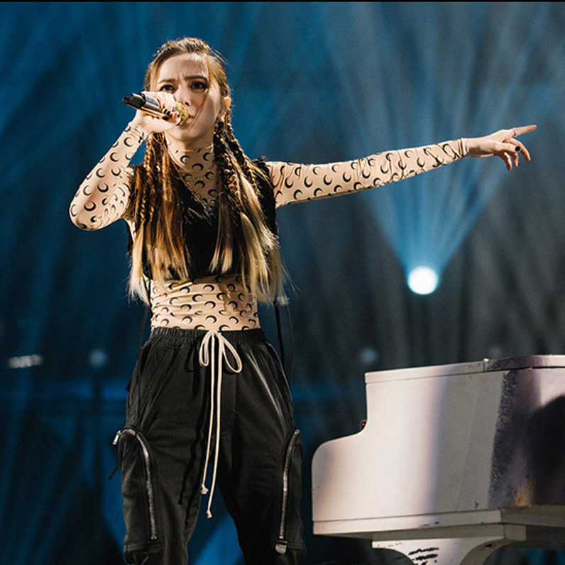 Marine Serreスタイル!月柄模様ロゴプリントムーンストレッチジャージー長袖Tシャツトップス!